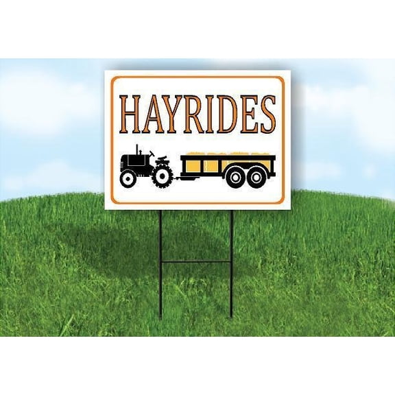 HAYRIDES W TRACTOR ORANGE BORDER 18 in x 24 in Yard Sign Road Sign with Stand