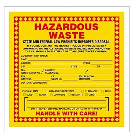 HAZARDOUS WASTE-CALIFORNIA, 6" X 6", PAPER, PACK OF 100