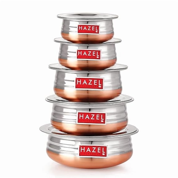 HAZEL Copper Bottom Urli Handi Set With Lid Cover, Serving Cooking Tope Bowl For Kitchen, Copper Bottom Vessels For Cooking, 5 Piece