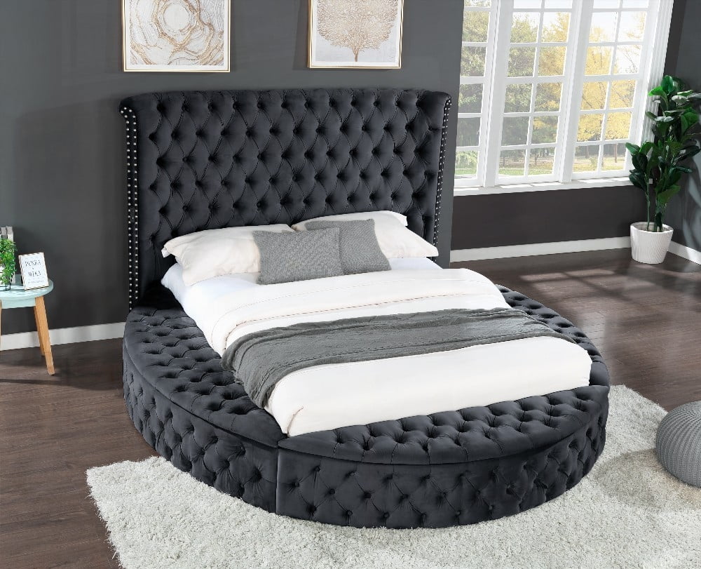 The Hazel Queen Size Bed In Black Made With Wood And Upholstered In the-hazel-queen-size-bed-in-black-made-with-wood-and-upholstered-in