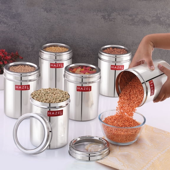 HAZEL Stainless Steel Kitchen Container with Transparent Lid | Top See Through Kitchen Container Set with Matt Finish | Multipurpose Container for Kitchen Storage, 1500 ML, Set of 6