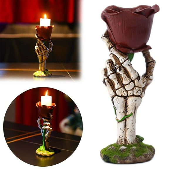 HAZIUA 2024 Halloween Candle Holder Skeleton Hand Rose Candle Holder Gothic Candle Holder Decor for Halloween House Party 8.3*3.5 in White