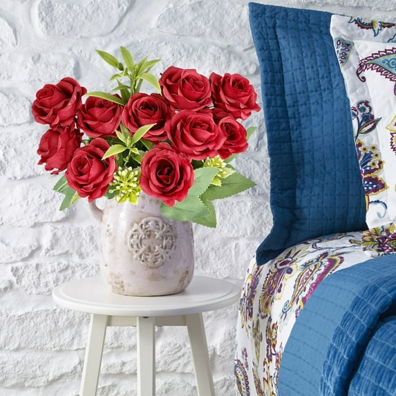 HAZIUA Artificial Silk Rose with Vase Flowers Wedding Flowers Bouquets Arrangement Home Centerpiece Table Decoration 11.8*3.9 in Red