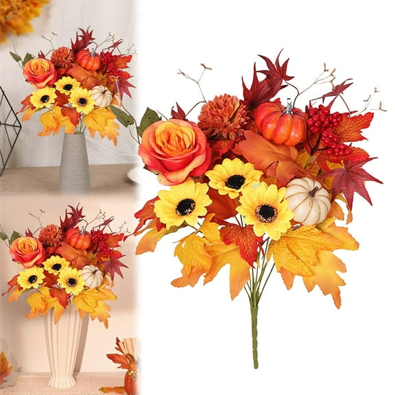 HAZIUA Grebest Floral Decor Fall Artificial Flower Bouquet Realistic Silk Sunflower Halloween Thanksgiving Festival Indoor Outdoor 13.8*11.8 in Orange