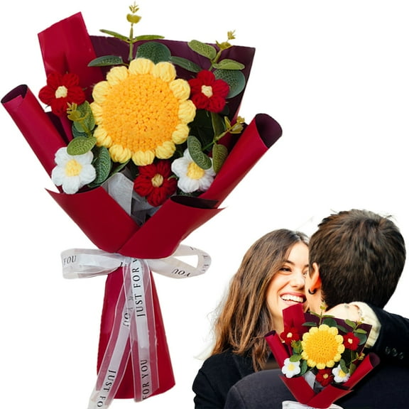 HAZIUA Handmade Knitted Sunflower Bouquet for Valentine's Day Perfect Handheld Flower Bouquet for Friends and Loved Ones 12.6*6.7 in Red