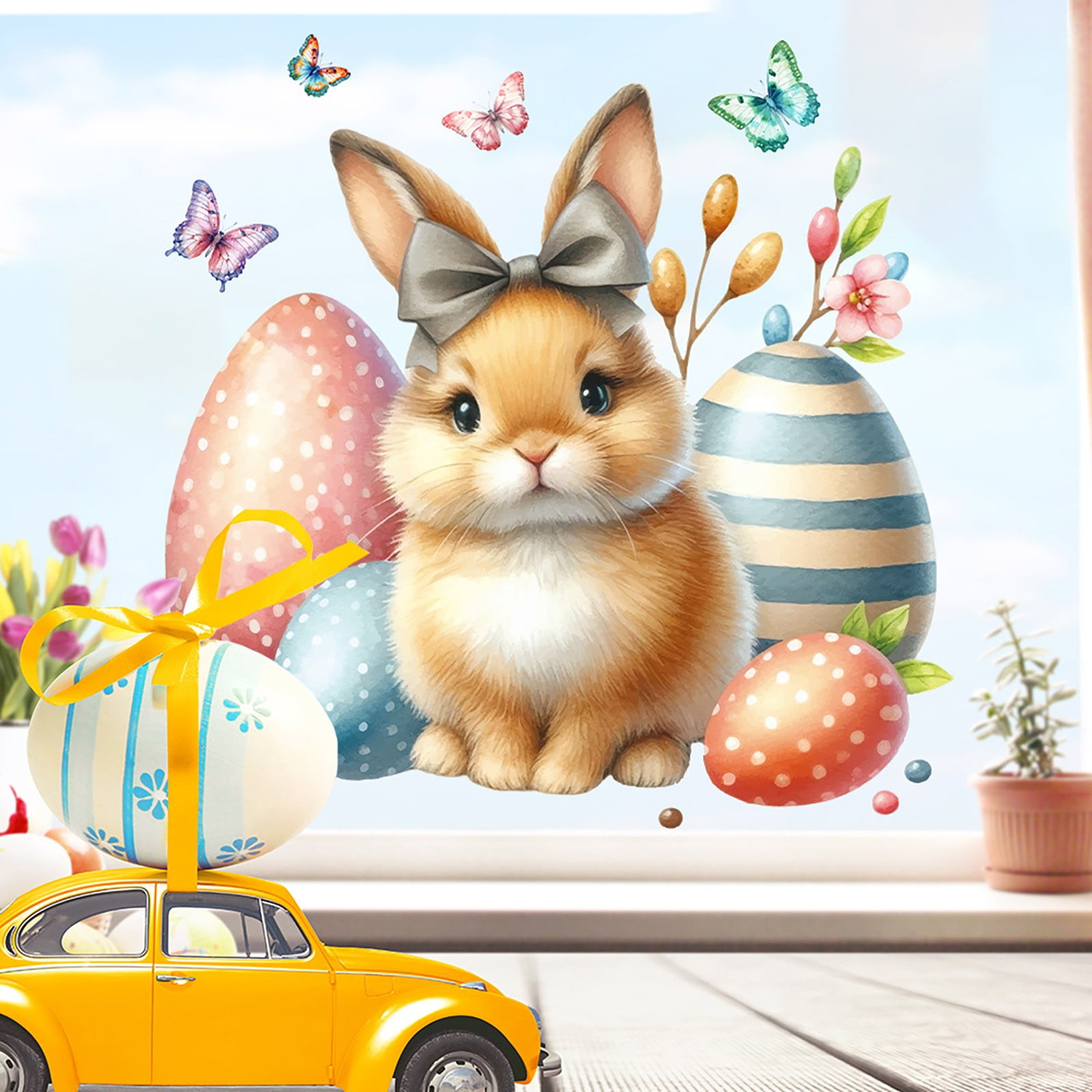HAZIUA Under $5 Adorable Bunny With Colorful Eggs Window And Wall ...