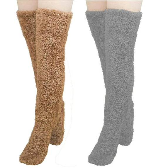 HAiming 2 Pairs Women's Leg Warmers Thigh High Stockings Winter Fuzzy Plush over Knee Soft Slipper Socks Home Sleeping