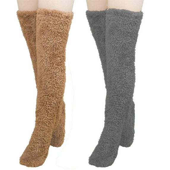 HAiming 2 Pairs Women's Leg Warmers Thigh High Stockings Winter Fuzzy Plush over Knee Soft Slipper Socks Home Sleeping