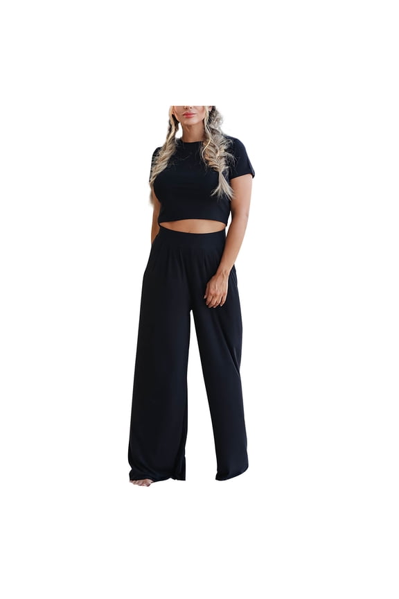 2 Piece Lounge Sets for Women Short Sleeve Crop Tops High Waist Sweatpants Casual Workout Tracksuit Outfits