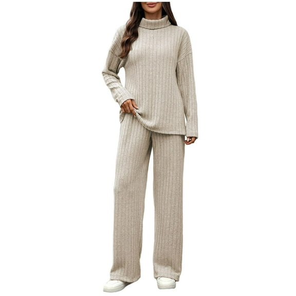 HAiming 2 Piece Lounge Sets for Women Turtleneck Pullover Tops and Wide Leg Pants Ribbed Knit Travel Outfits