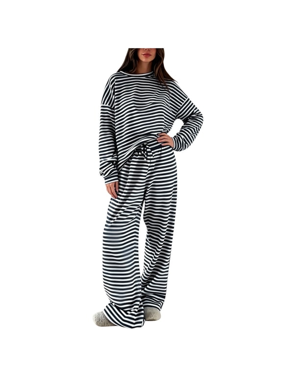 2 Piece Pajama Sets for Women Striped Comfy Long Sleeve Sweatshirts Drawstring Pants Loose Casual Sleepwear