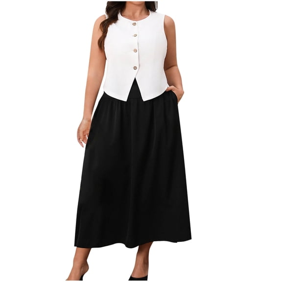 HAiming 2 Piece Plus Size Sets for Women Office Outfits Elegant Button V Neck Tank Tops A-Line Maxi Skirt with Pockets
