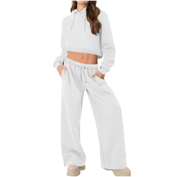 HAiming 2 Piece Sets Outfits for Womens Cropped Hoodies Tops and Wide Leg Pants with Pockets Solid Color Tracksuit