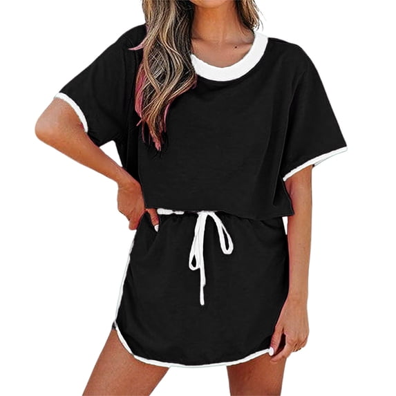 HAiming 2 Piece Sets for Women Colorblock Drop Shoulder T Shirt and Mini Skirt Summer Tracksuits Outfit