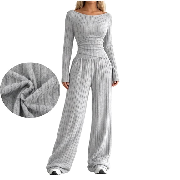 HAiming 2 Piece Sets for Women Ribbed Knit Loungewear Sets Tight Long Sleeve Shirts Wide Leg Pants Workout Outfits