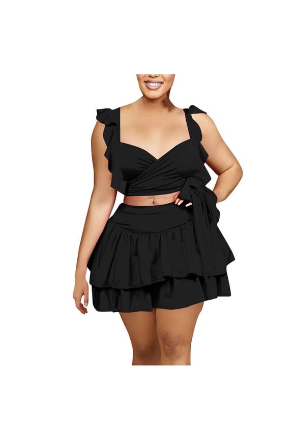 2 Piece Sets for Women Ruffle Crop Tank Top with Layered Mini Skirt Club Vacation Cute Outfits