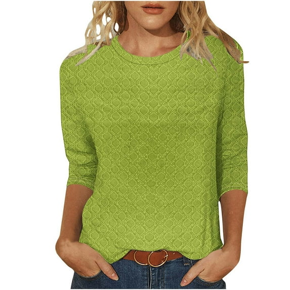 HAiming 3/4 Sleeve Eyelet Tops for Women Crew Neck Basic Tee Solid Color Stretch Casual Pullover Trendy Clothes