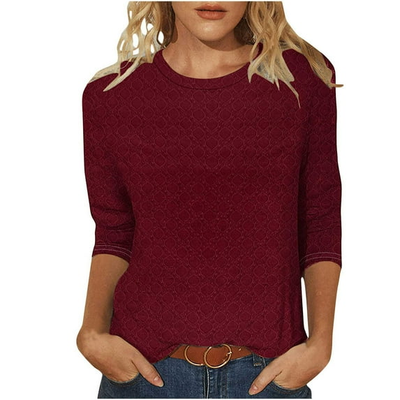 HAiming 3/4 Sleeve Eyelet Tops for Women Crew Neck Basic Tee Solid Color Stretch Casual Pullover Trendy Clothes