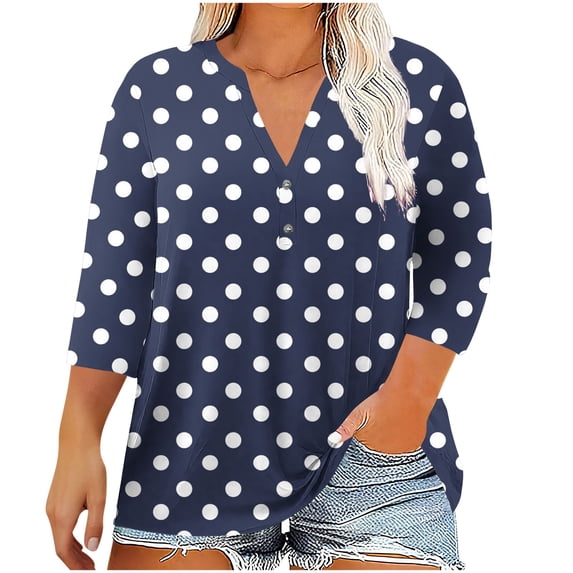 HAiming 3/4 Sleeve Plus Size Womens Tops Polka Dots V Neck Button Tunic Shirts Dressy Casual Cute Outfits
