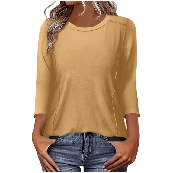 HAiming 3/4 Sleeve Tops for Women Casual Crew Neck Solid Color Tunic Tee Blouses Loose Cute Outfits