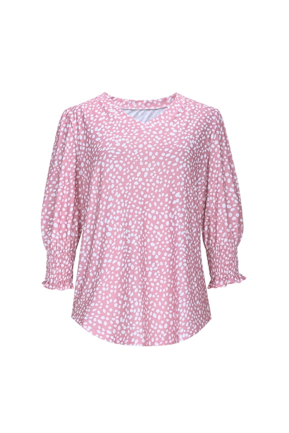 3/4 Sleeve Womens Pullover Tops Dressy Ruffle Casual Blouses V Neck T Shirts with Smocked Cuffs