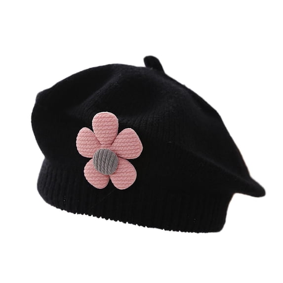 HAiming Baby Girl Cotton Knit Beret Hats Soft Comfortable Winter Solid Color Cap with 3D Cute Flower