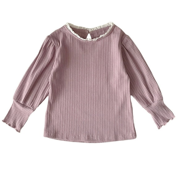 HAiming Baby Kids Girls Ruffled Long Sleeve T-Shirt Spring Classic Solid Color Casual Ribbed Crewneck Comfort Tops
