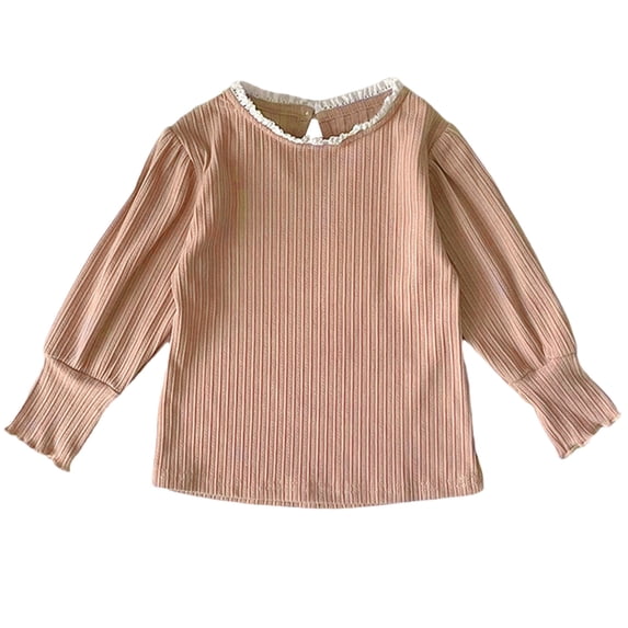 HAiming Baby Kids Girls Ruffled Long Sleeve T-Shirt Spring Classic Solid Color Casual Ribbed Crewneck Comfort Tops