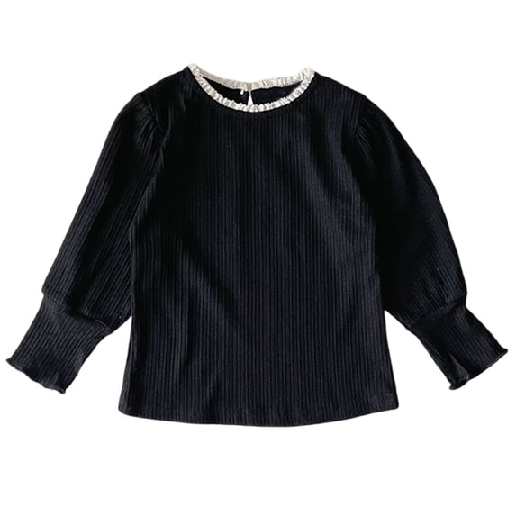 HAiming Baby Kids Girls Ruffled Long Sleeve T-Shirt Spring Classic Solid Color Casual Ribbed Crewneck Comfort Tops