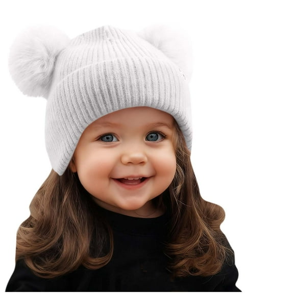 HAiming Baby Newborn Girls Winter Knit Hat Double Pom Pom Solid Color Cute Cozy Cuffed Cap for Cold Weather