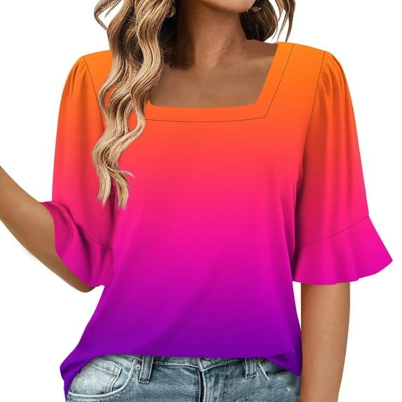 HAiming Half Ruffle Sleeve Womens Pullover Tops Gradient Square Neck Shirts Tunic Flowy Trendy Clothes