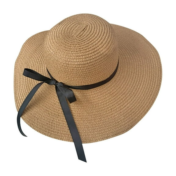 HAiming Beach Hat for Women Wide Brim Bowknot Straw Sun Hats UV Protection Foldable Packable Summer Outdoor Travel Cap