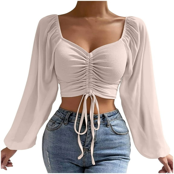 HAiming Blouse for Women Solid Color V Neck Drawstring Ruched Lantern Sleeve Crop Tops 2025 Trendy Fall Casual Shirts