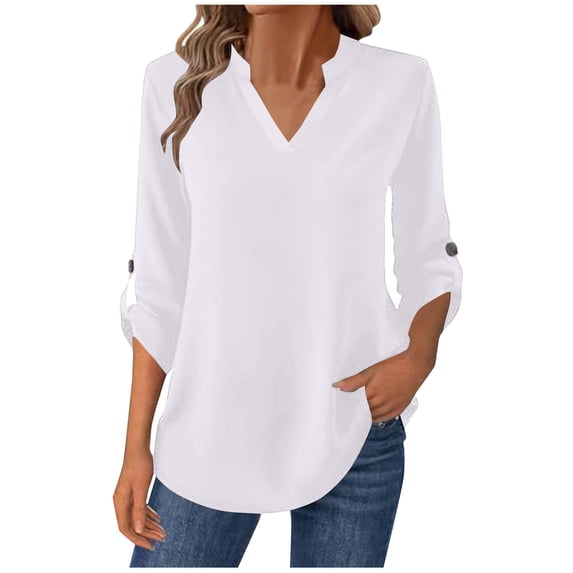 HAiming Blouses for Women Dressy Casual 3/4 Length Sleeve V Neck Solid Color Loose Tops Basic Shirt Fall Trendy Clothes