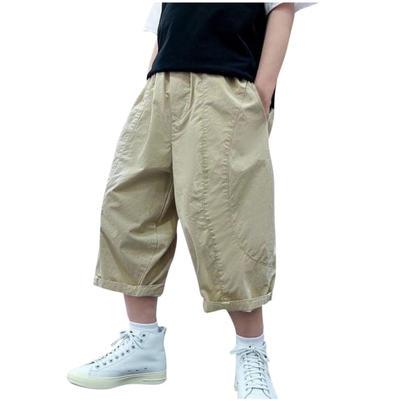 HAiming Boys Capris Pants Wide Leg Elastic Waist Loose Baggy Summer Cargo Shorts with Pockets for Kids