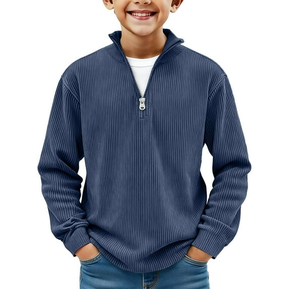 HAiming Boys Corduroy Tops Stand Collar Quarter Zip Long Sleeve Casual Solid Color Loose Pullvoer Blouse
