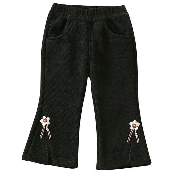 HAiming Boys Girls Corduroy Flare Pants Casual Pull on Solid Color Elastic Waist Cute Flower Hem Slit Trousers for Kids