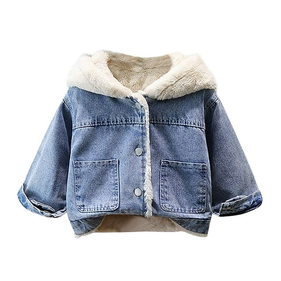 HAiming Boys Girls Fleece Lined Denim Jacket Ears Hooded Coat Long Sleeve Button Outwear Soft Warm Clothes