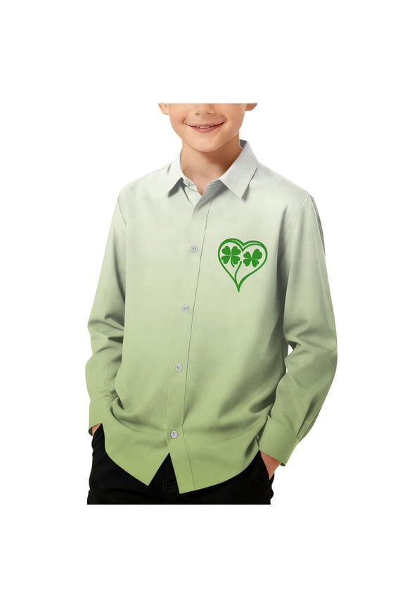 Boys St. Patrick's Day Shirts Kids Long Sleeve Button down Lapel Collar Shamrock Shirts for Holiday