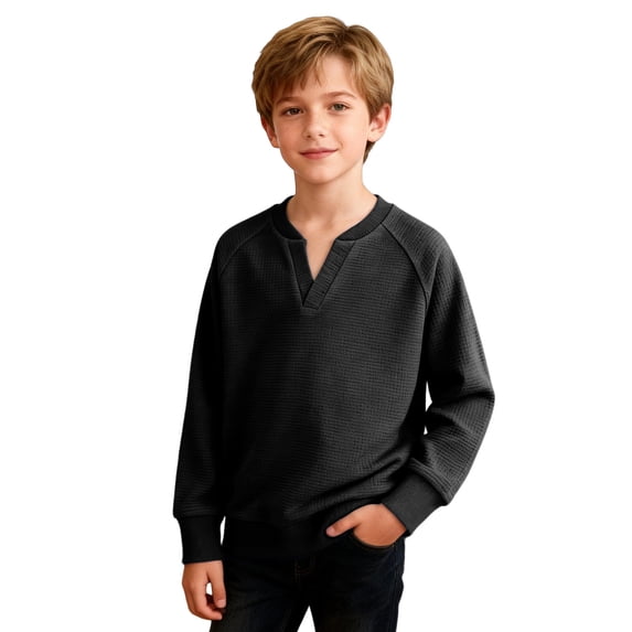 HAiming Boys Tops Long Sleeve Smocked Shirts Loose Solid Color Casual V Neck Classic School Tee Vacation Going out Kids Tops