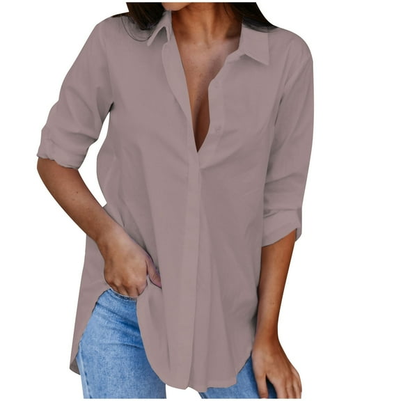 HAiming Button down Shirts for Women Dress Summer Solid Long Sleeve V Neck Blouse Casual Solid Office Work Tunic Top