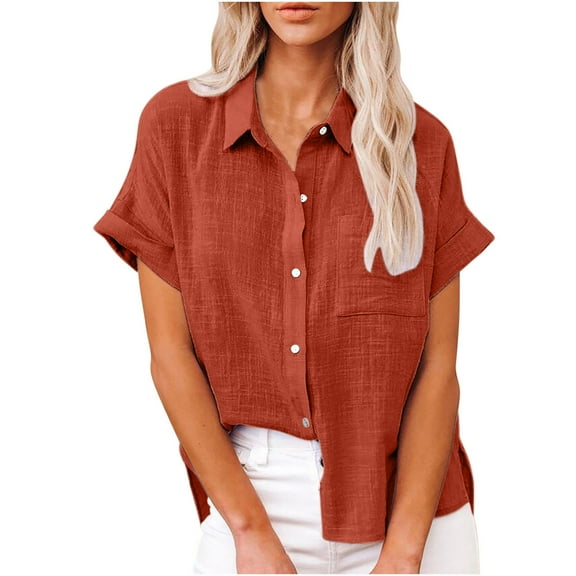 HAiming Button down Shirts for Women Lapel Short Sleeve Cotton Linen V-Neck Tops Plus Size Casual Loose Solid Blouse