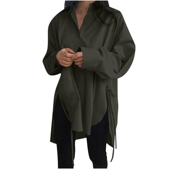 HAiming Button down Shirts for Women Long Sleeve V Neck Collared Blouses Side Tie Split Plus Size Casual Summer Tops