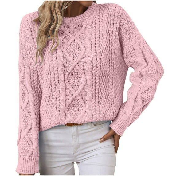 HAiming Cable Knit Sweater for Women Solid Color Long Sleeve Round Neck Pullover Tops Winter Casual Loose Blouse
