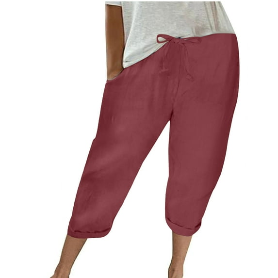 HAiming Capri Pants Women Cotton Linen Cropped Pants Drawstring High Waist Straight Leg Lounge Trousers with Pocket