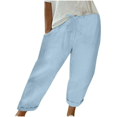 HAiming Capri Pants Women Cotton Linen Cropped Pants Drawstring High Waist Straight Leg Lounge Trousers with Pocket