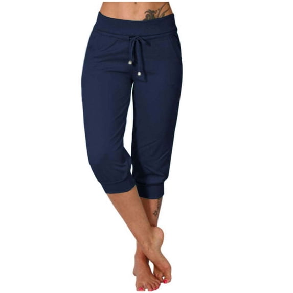HAiming Capris Pants for Women Summer Low Rise Drawstring Elastic Waist Casual Yoga Pant Jogger Trousers with Pockets