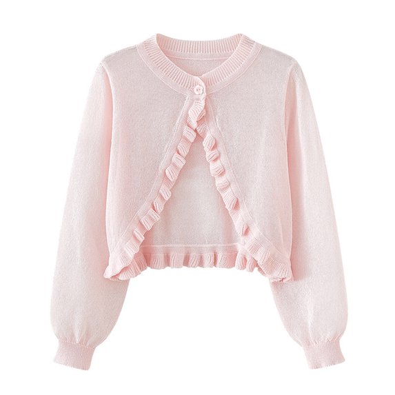 HAiming Cardigan Sweaters for Girls Long Sleeve Casual Round Neck Button Closure Solid Color Ruffle Kids Clothes