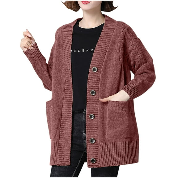 HAiming Cardigan Sweaters for Women Solid Color Long Sleeve Button down Jacket Casual Loose Knitted Coat with Pocket