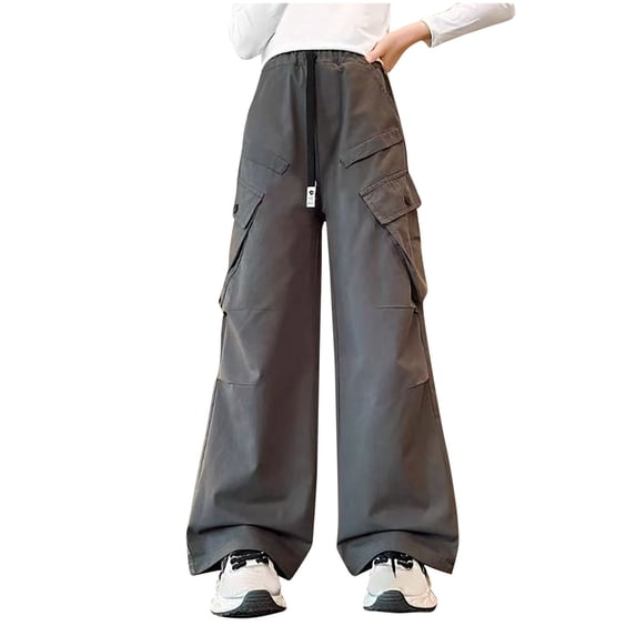 HAiming Cargo Pants for Girls Casual Elastic Drawstring Waist Straight Wide Leg Workout Hiking Pants with Pockets